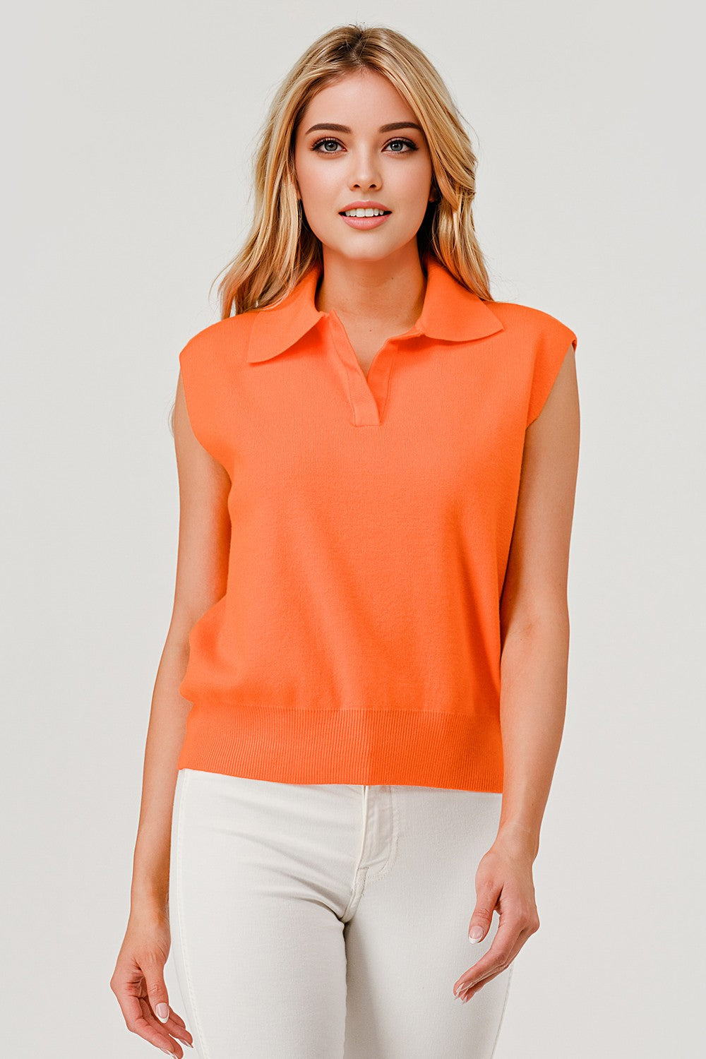 Orange Polo Collared Game Day Cap Sleeve Sweater Top