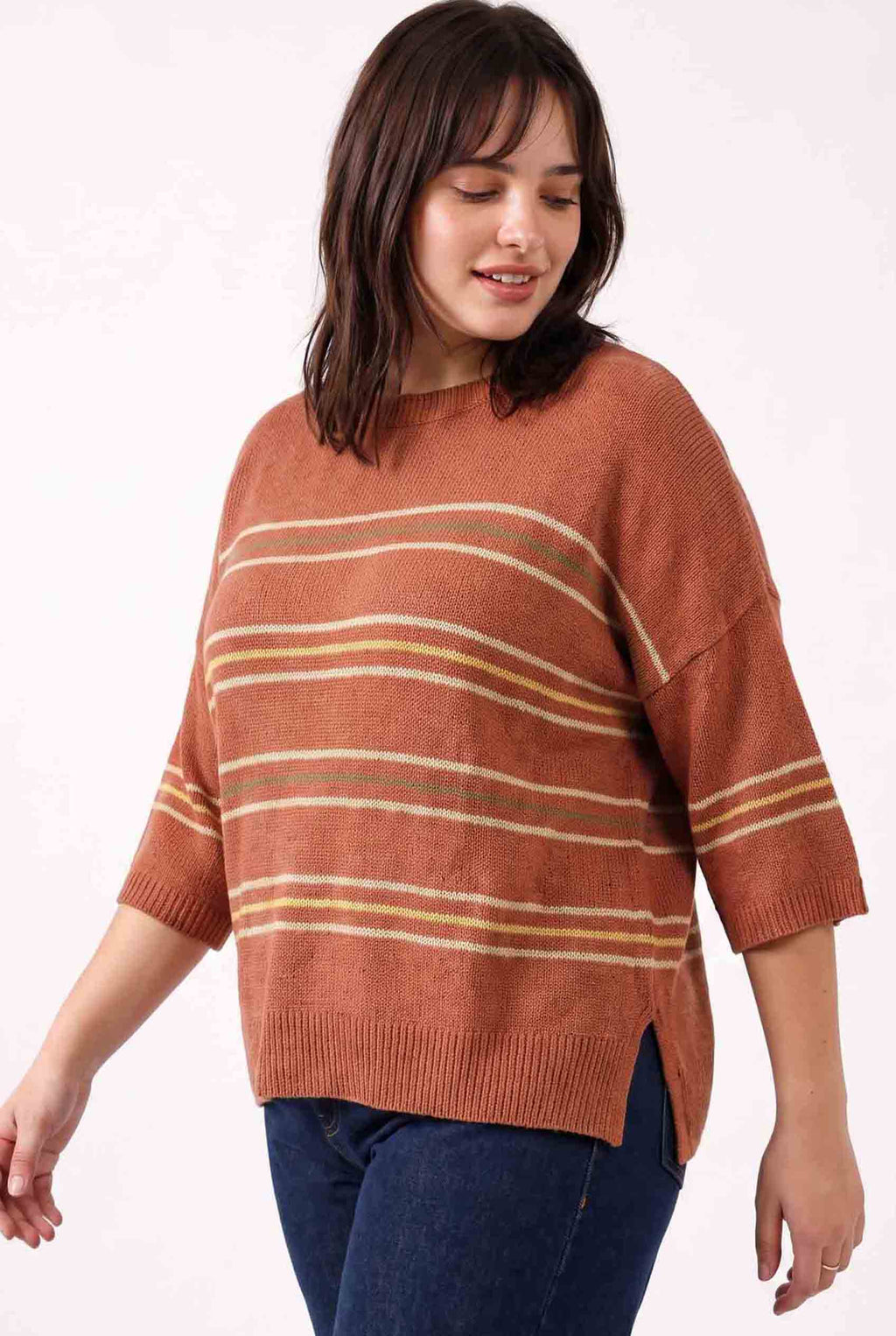 [PLUS] RUST OVER SIZED DROP SHOULDER STRIPED SWEATER