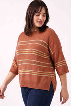 [PLUS] RUST OVER SIZED DROP SHOULDER STRIPED SWEATER