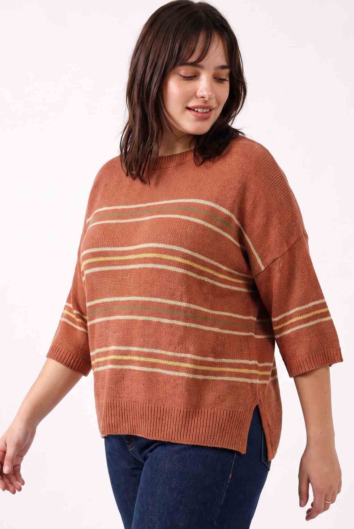 [PLUS] RUST OVER SIZED DROP SHOULDER STRIPED SWEATER