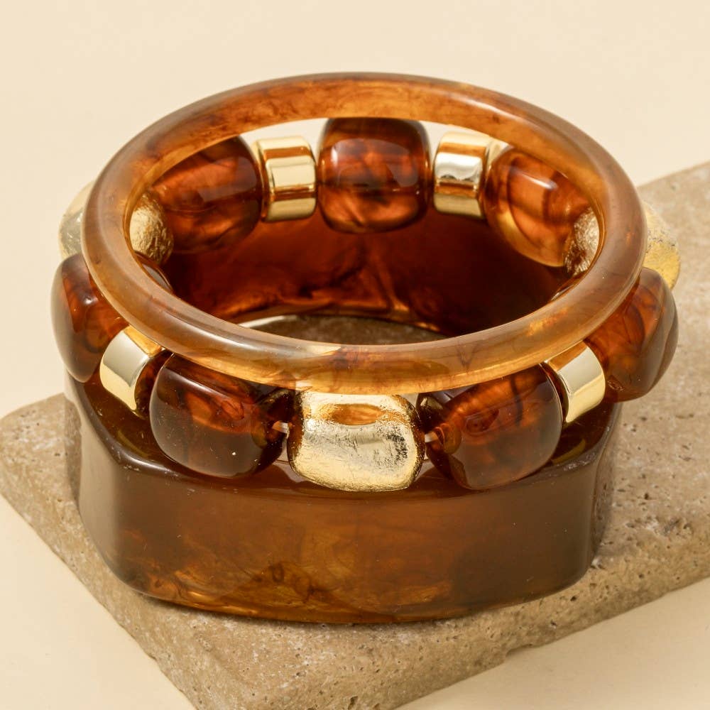 Mixed Square Resin Bangle And Beads Bracelet Set: BR