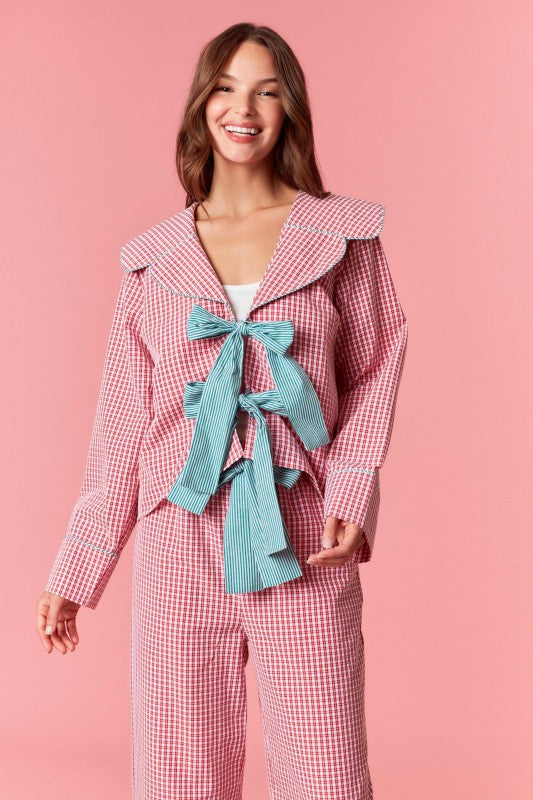 Gingham Plaid Pajama Set Sailor Collar & Bow Tie
