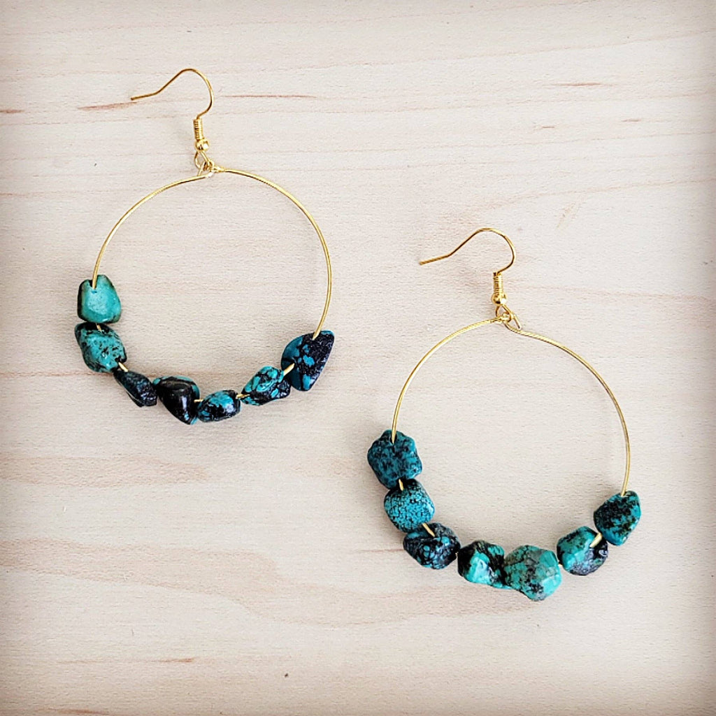 Beaded Hoop Earrings- Genuine Natural Turquoise Stones 200bi