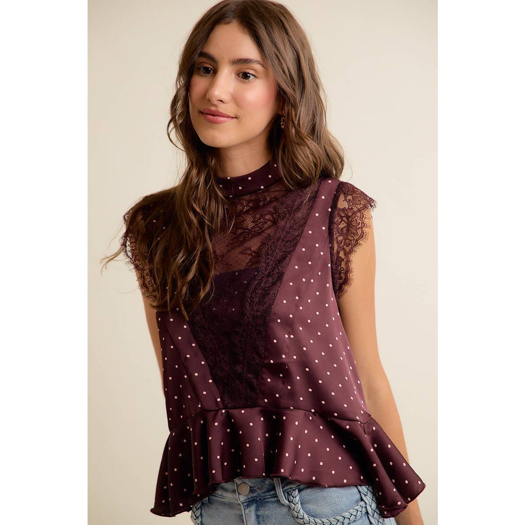 WINE POLKA DOT SATIN LACE TRIM RUFFLED HIGH NECK BLOUSE TOP