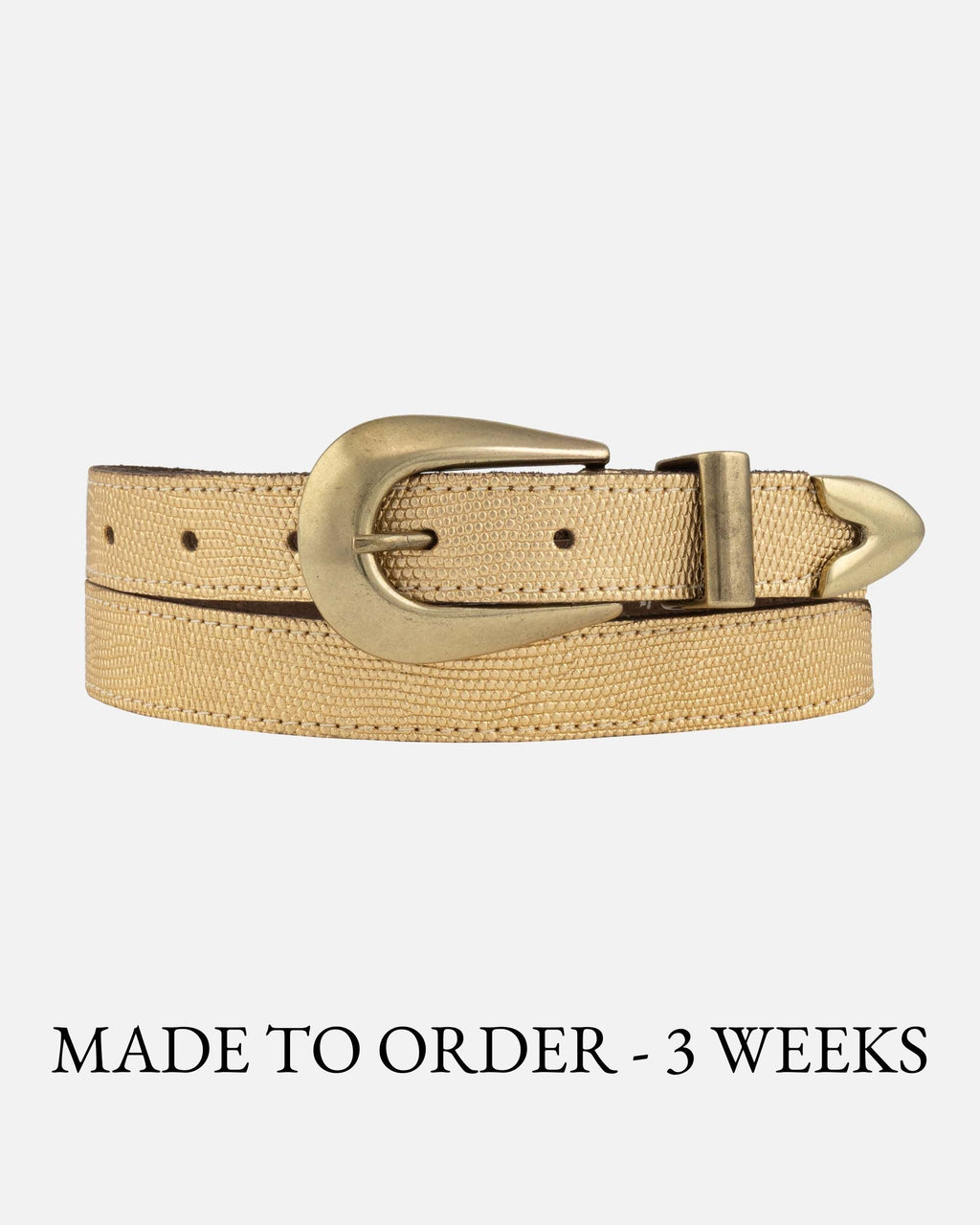 Gold Adrie | Skinny Leather Belt with Horseshoe Buckle and Tip