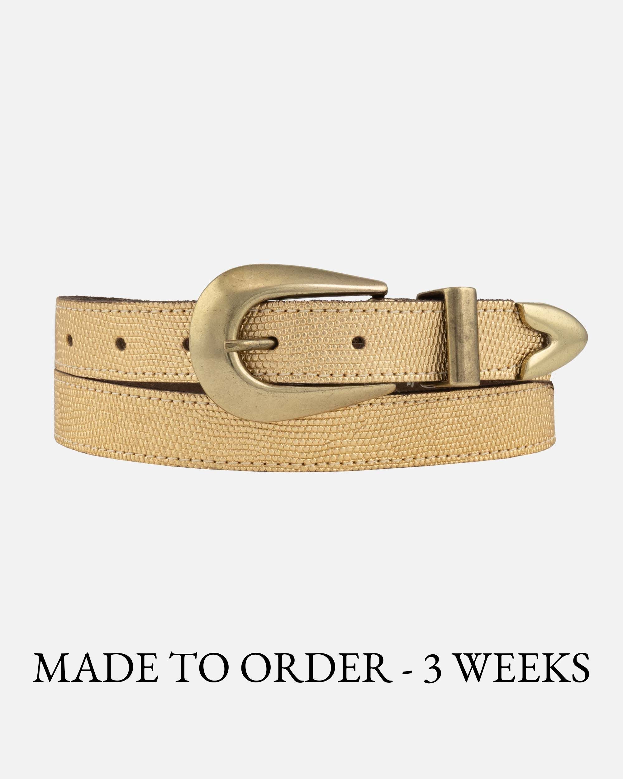 Gold Adrie | Skinny Leather Belt with Horseshoe Buckle and Tip