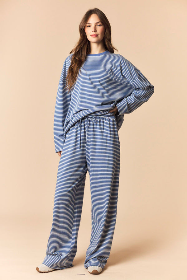 DUSTY BLUE/CHARCOAL STRIPE OVERSIZED MOCKNECK TOP & WIDE PANTS SET