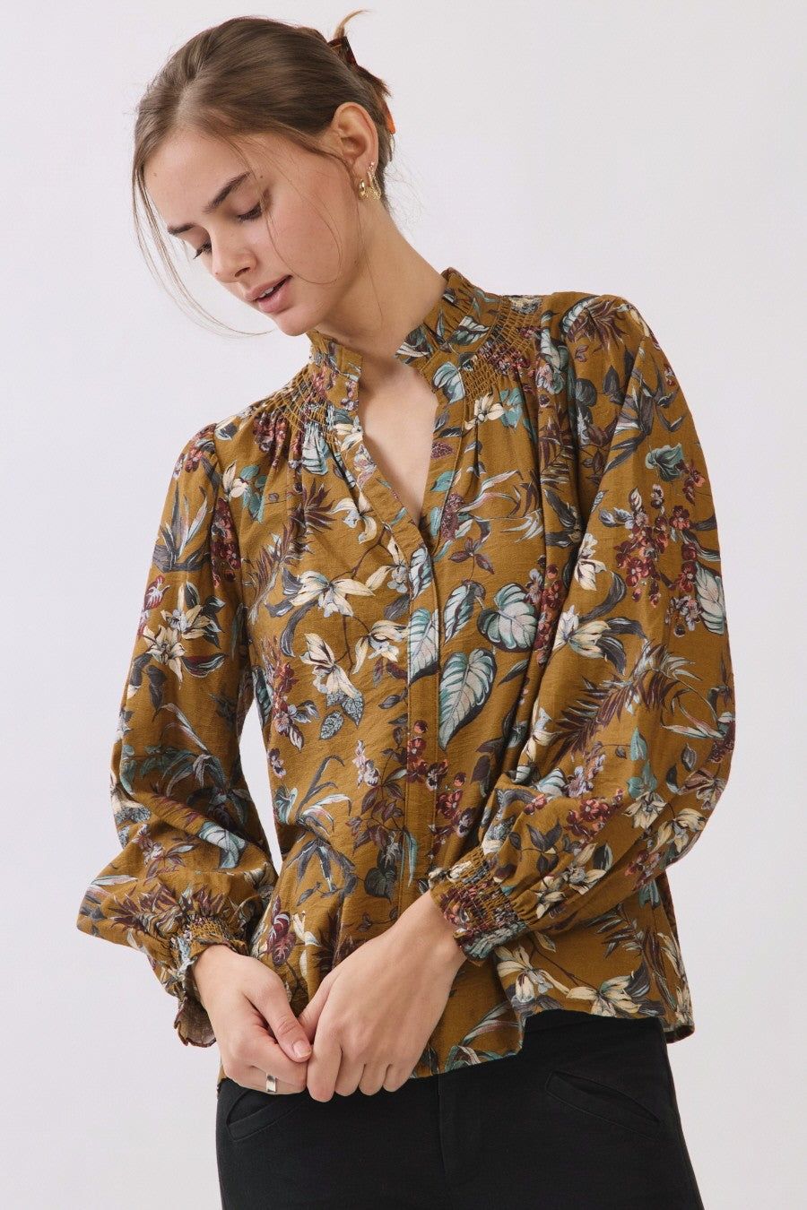 Floral Vine Print Blouse in Dark Mustard Multi – ODDI – view 5