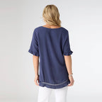 Layla Short Sleeve Crossover Ruffle Top: Patriot Blue