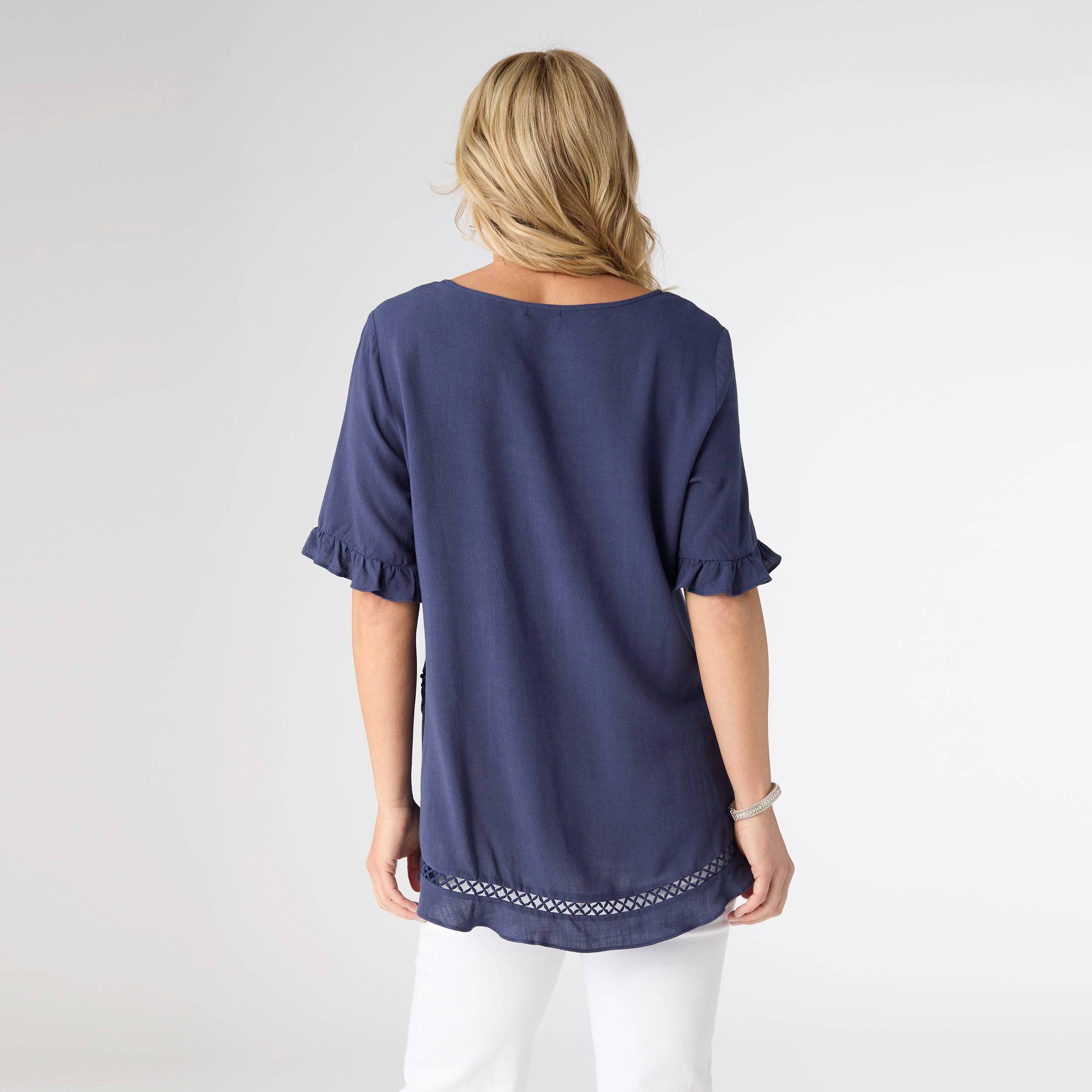 Layla Short Sleeve Crossover Ruffle Top: Patriot Blue