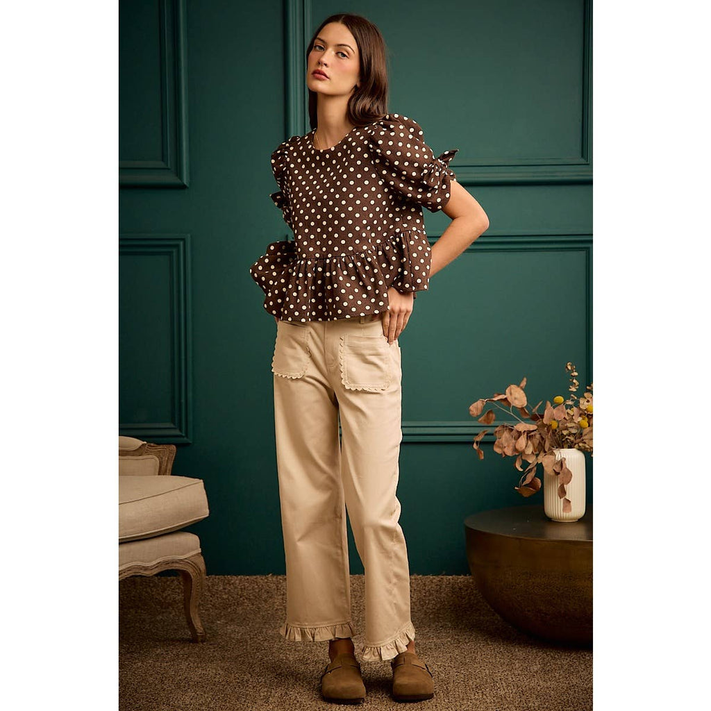 BROWN/IVORY POLKA DOT BOW DETAIL SHORT SLEEVES PEPLUM TOP