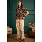 BROWN/IVORY POLKA DOT BOW DETAIL SHORT SLEEVES PEPLUM TOP