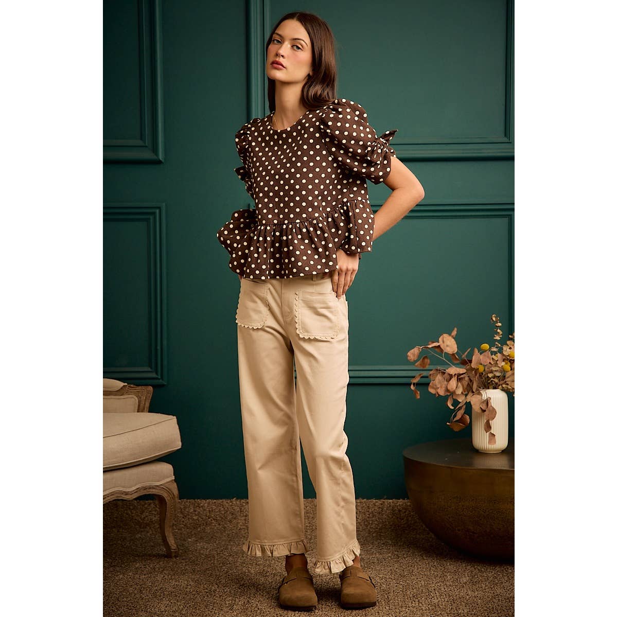 BROWN/IVORY POLKA DOT BOW DETAIL SHORT SLEEVES PEPLUM TOP