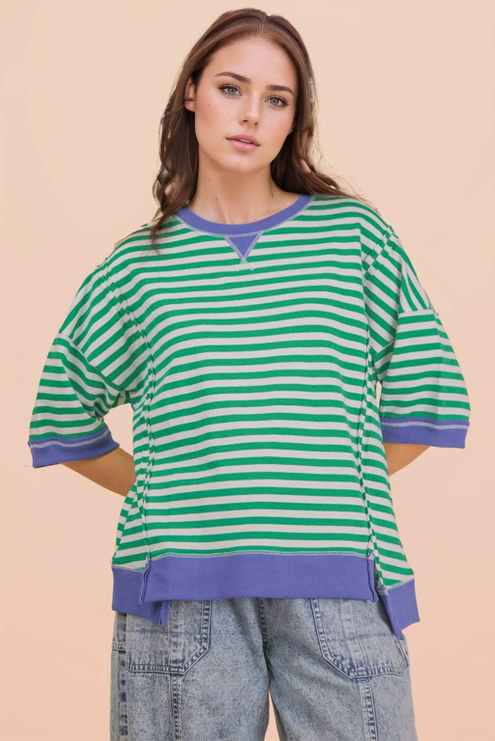 Kelly Green/Cream Oversized Stripe Casual Knit Top