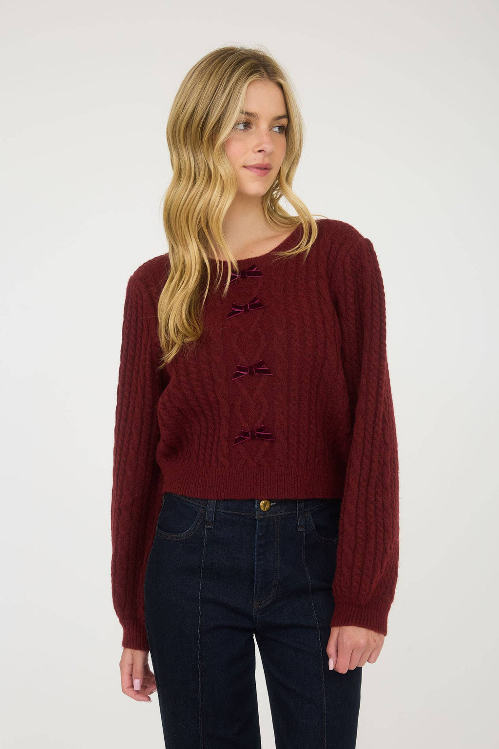 BURGUNDY CABLE KNIT FRONT VELVET BOW DETAIL KNIT SWEATER