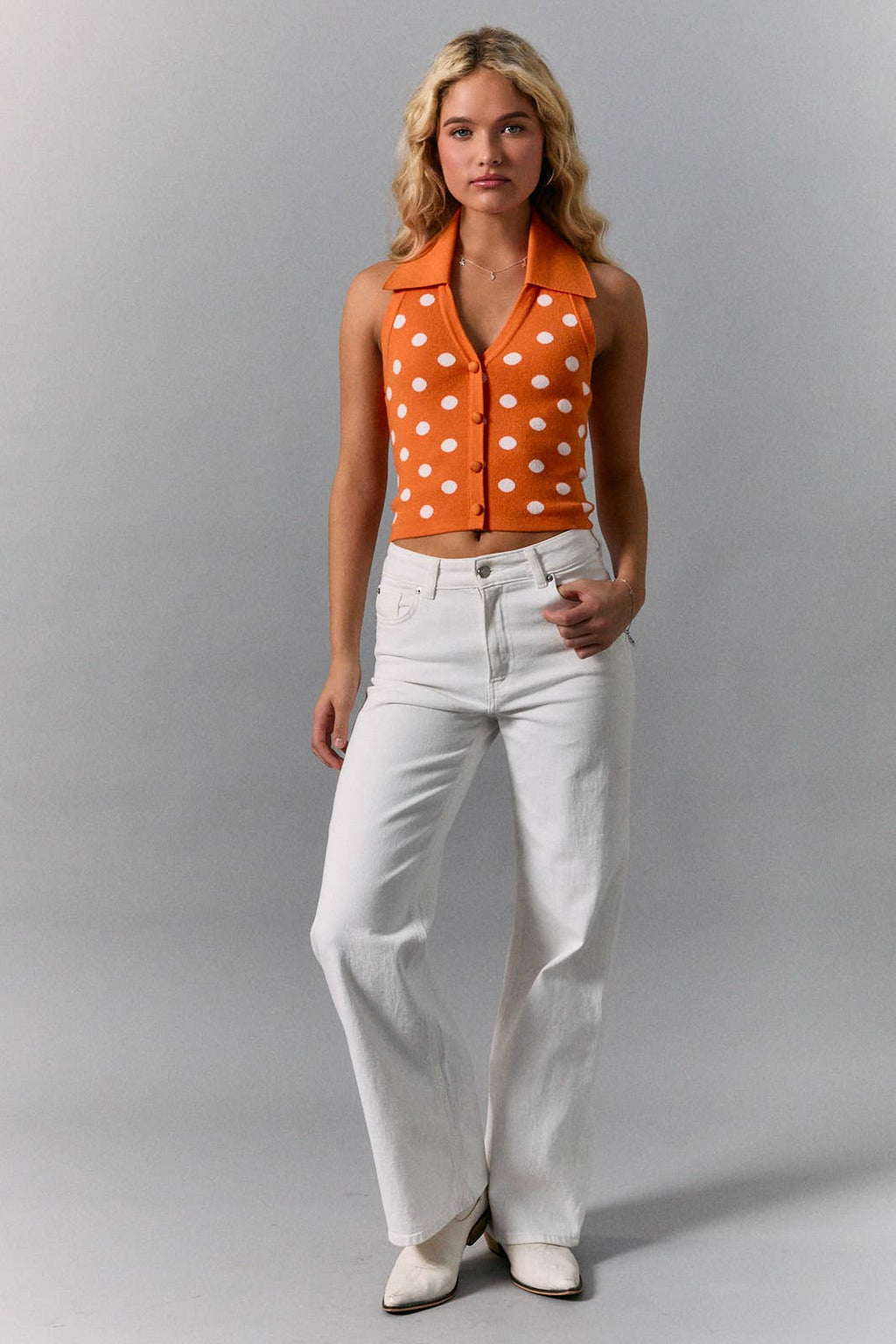 Orange White Dot V-NECK HALTER POLKA DOT KNIT SWEATER TOP