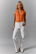 Orange White Dot V-NECK HALTER POLKA DOT KNIT SWEATER TOP