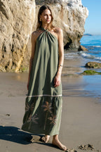 Olive Palm Tree Embroidery Front Tie Halter Maxi Dress