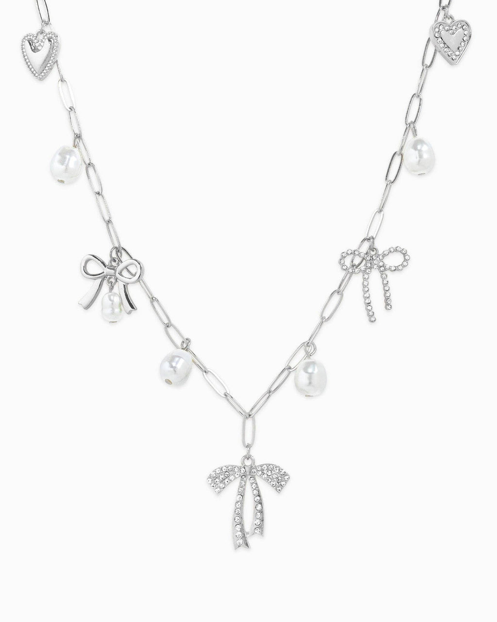 Multi Pearl Bow Charm Necklace: Gold