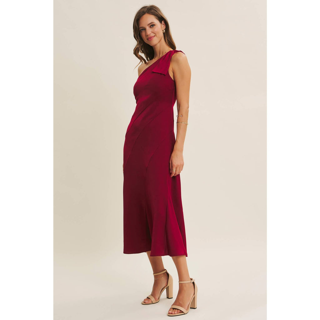 BURGUNDY HOLIDAY GLAM ONE-SHOULDER MIDI DRESS WITH SLANTED SEAMWORK