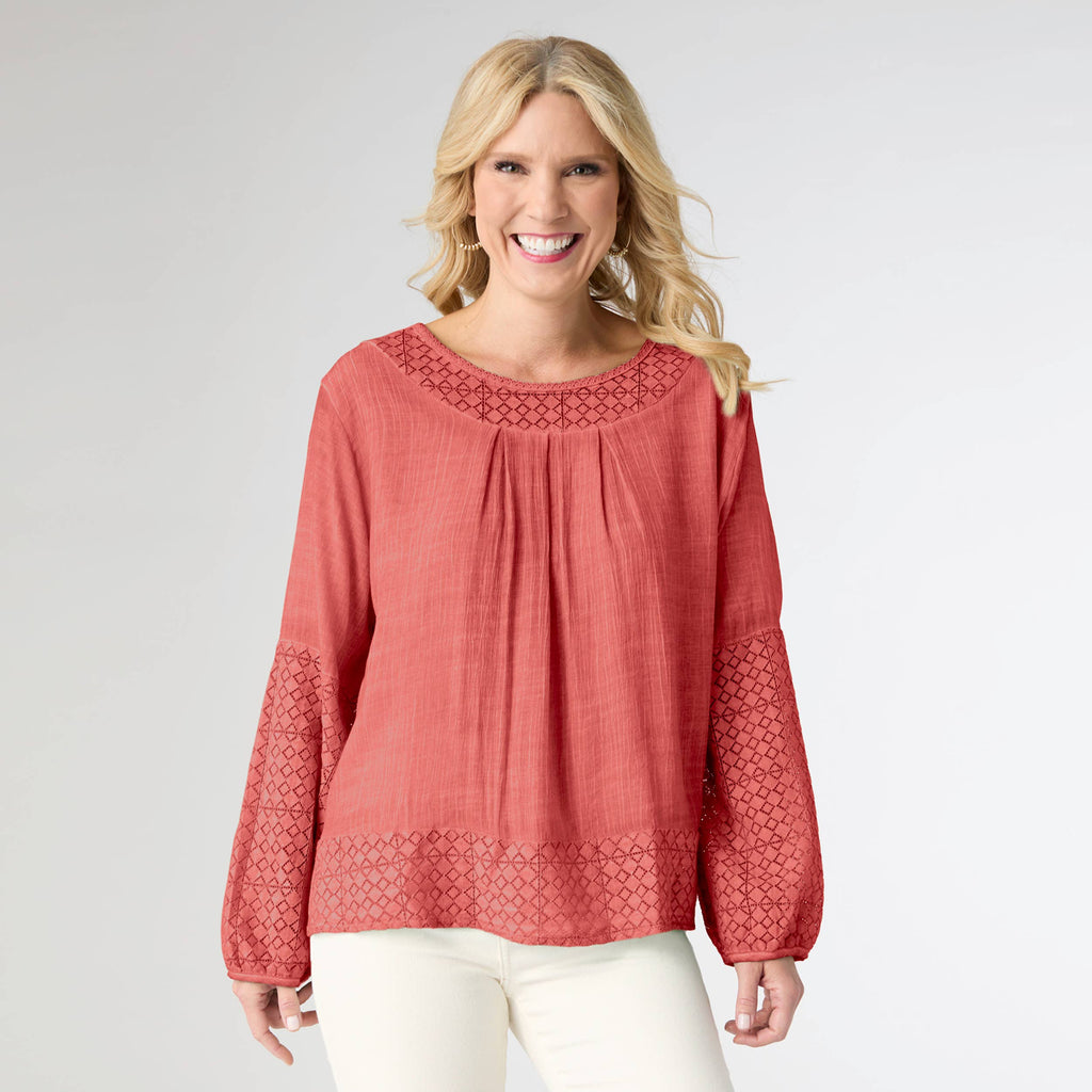 Ella Relaxed Long Sleeve Top: Coral