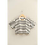 BLACK Striped Oversized Short Sleeve Cropped Tee