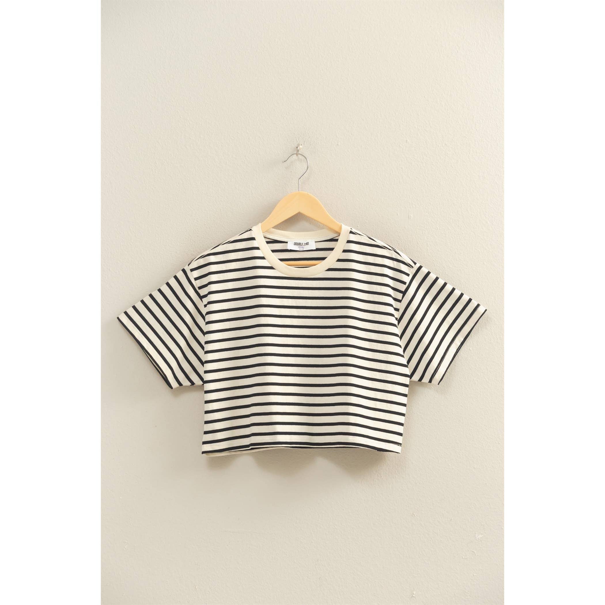 BLACK Striped Oversized Short Sleeve Cropped Tee