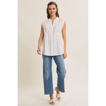 White Ease in Mind Textured Cotton Pleated Tunic Button-Down Shirt