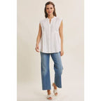 White Ease in Mind Textured Cotton Pleated Tunic Button-Down Shirt