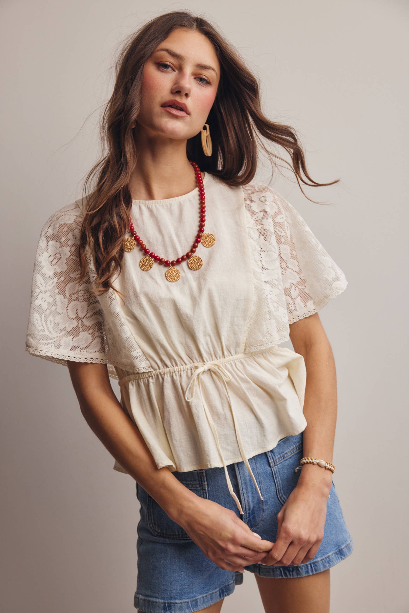 ASH Lace Cape Sleeve Cotton Peplum Top