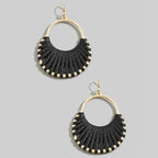 Vegan Leather Woven Fan Hoop Dangle Earrings: JET