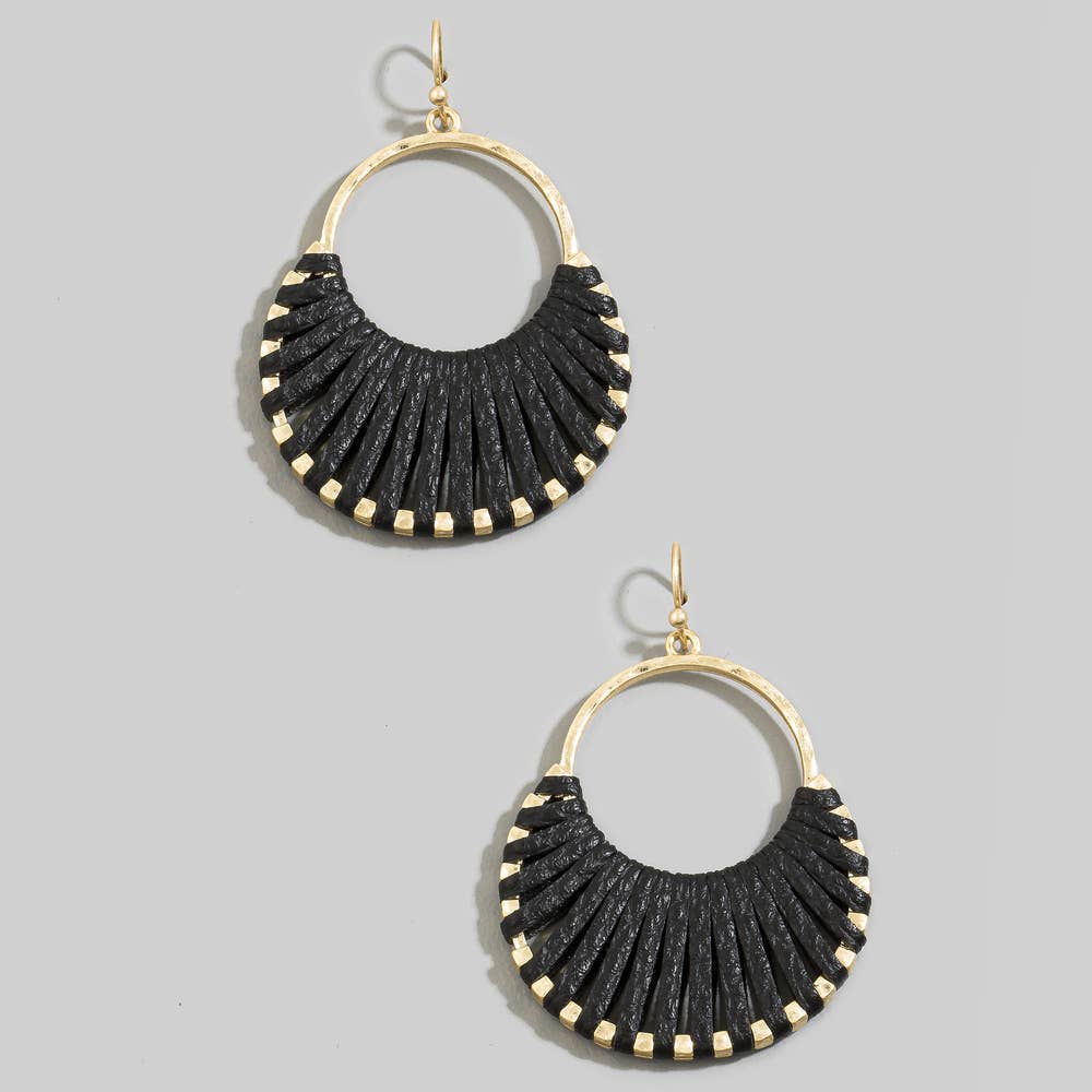 Vegan Leather Woven Fan Hoop Dangle Earrings: JET