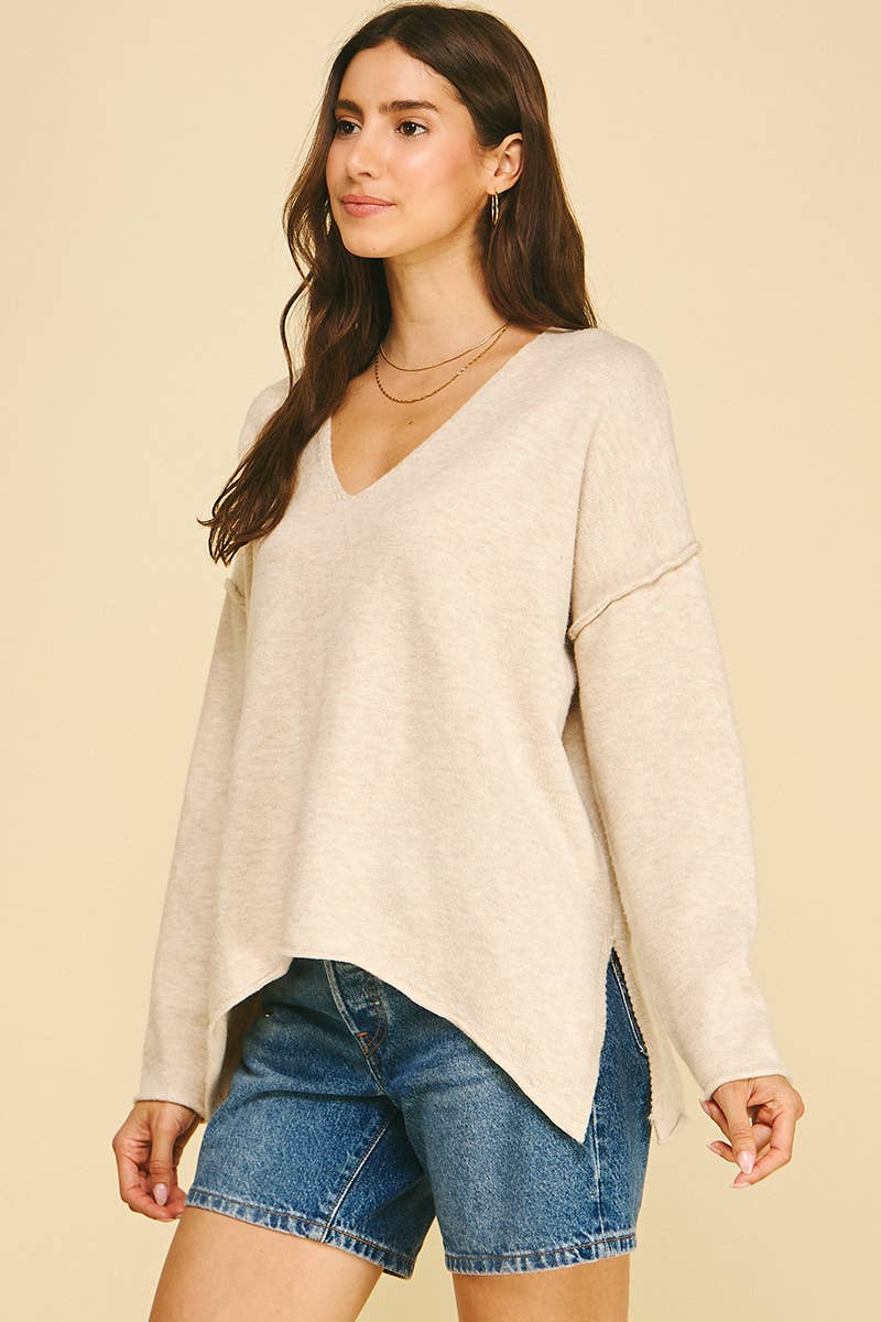 OATMEAL V-NECK EXPOSED SEAM SWEATER