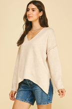 OATMEAL V-NECK EXPOSED SEAM SWEATER