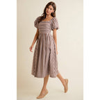 Brown GINGHAM LACE TRIM PUFF SLEEVES LINED MIDI DRESS