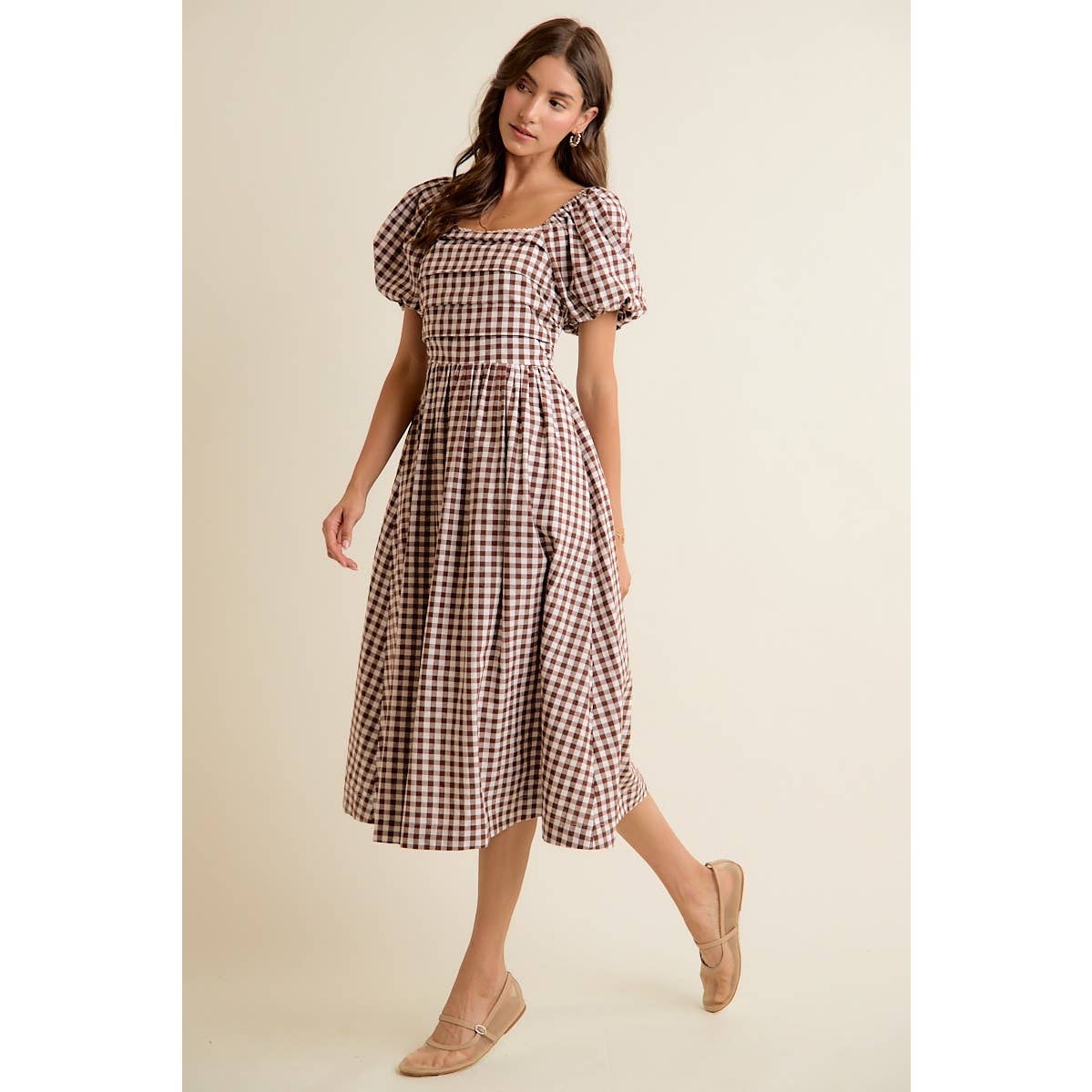 Brown GINGHAM LACE TRIM PUFF SLEEVES LINED MIDI DRESS