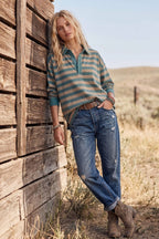 TAUPE/DUSTY TEAL Oversized Stripe Rugby Polo Top