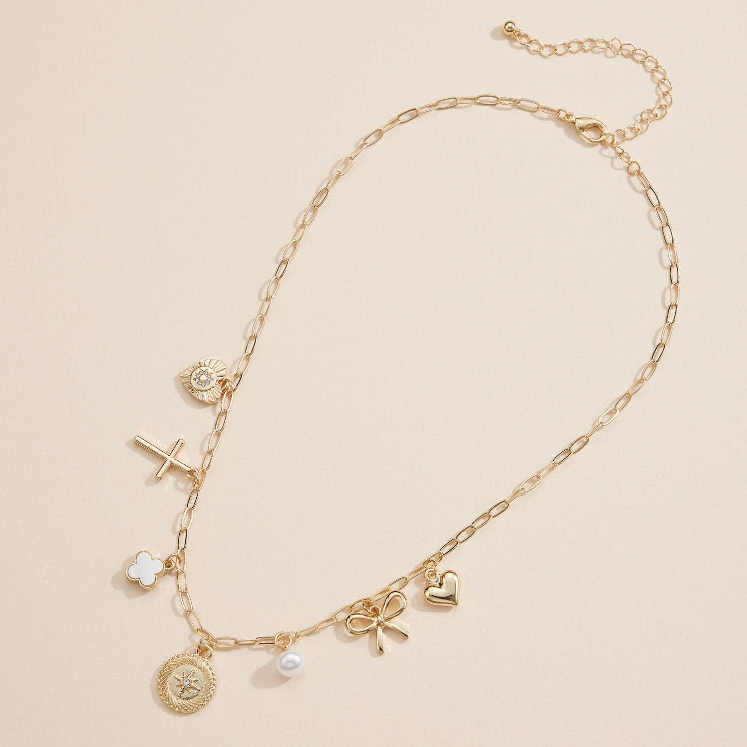 Charm Necklace with Heart, Cross, Compass & Bow Pendants: Gold / One / 4SN11043