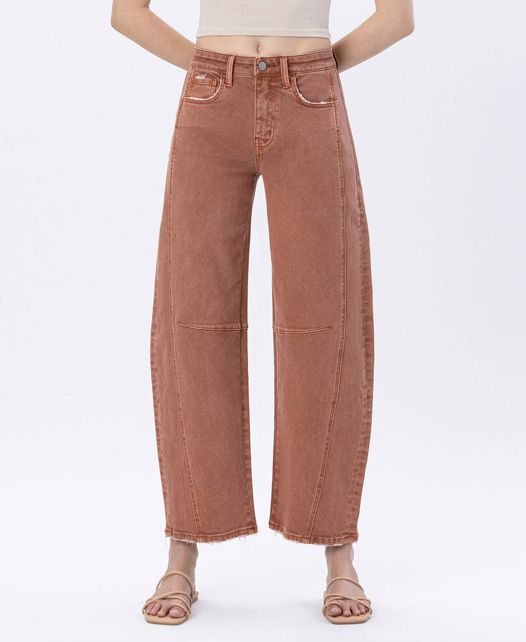 HIGH RISE TWIST BARREL JEANS: COPPER /Flying monkey