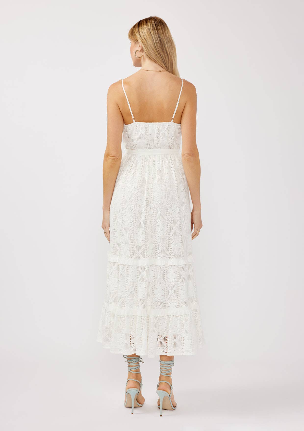Spaghetti Strap Tiered Maxi Dress with Waist Tie: WhitE