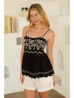 BLACK/IVORY Embroidered Top with Contrast Detail