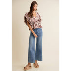 BROWN GINGHAM BUBBLE SLEEVES BACK SMOCKED BLOUSE TOP