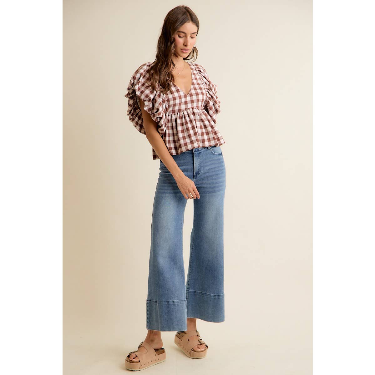 BROWN GINGHAM BUBBLE SLEEVES BACK SMOCKED BLOUSE TOP