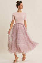 FIELD OF PLEATED WILDFLOWERS SWEATER TWOFER MIDI DRESS: PINK/LILAC