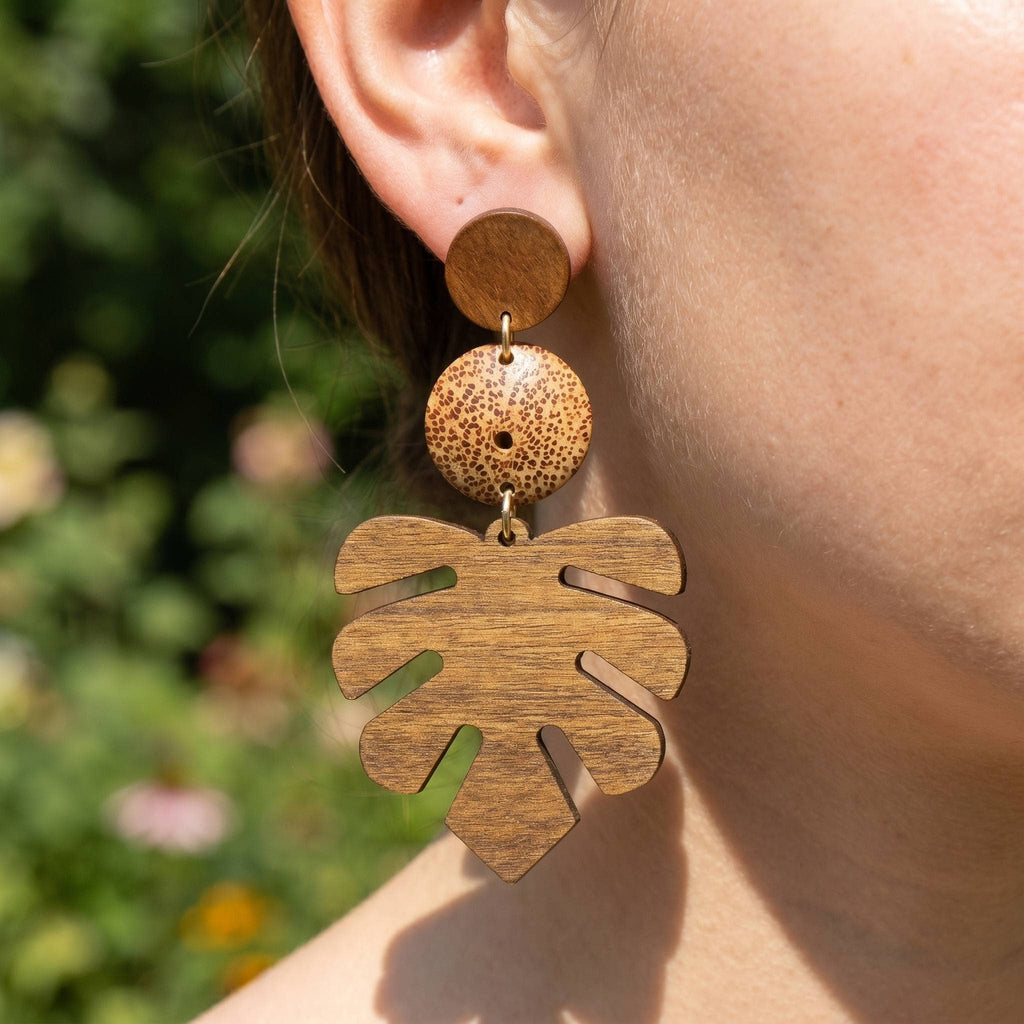Wooden Monstera Leaf Dangle Earrings: BR