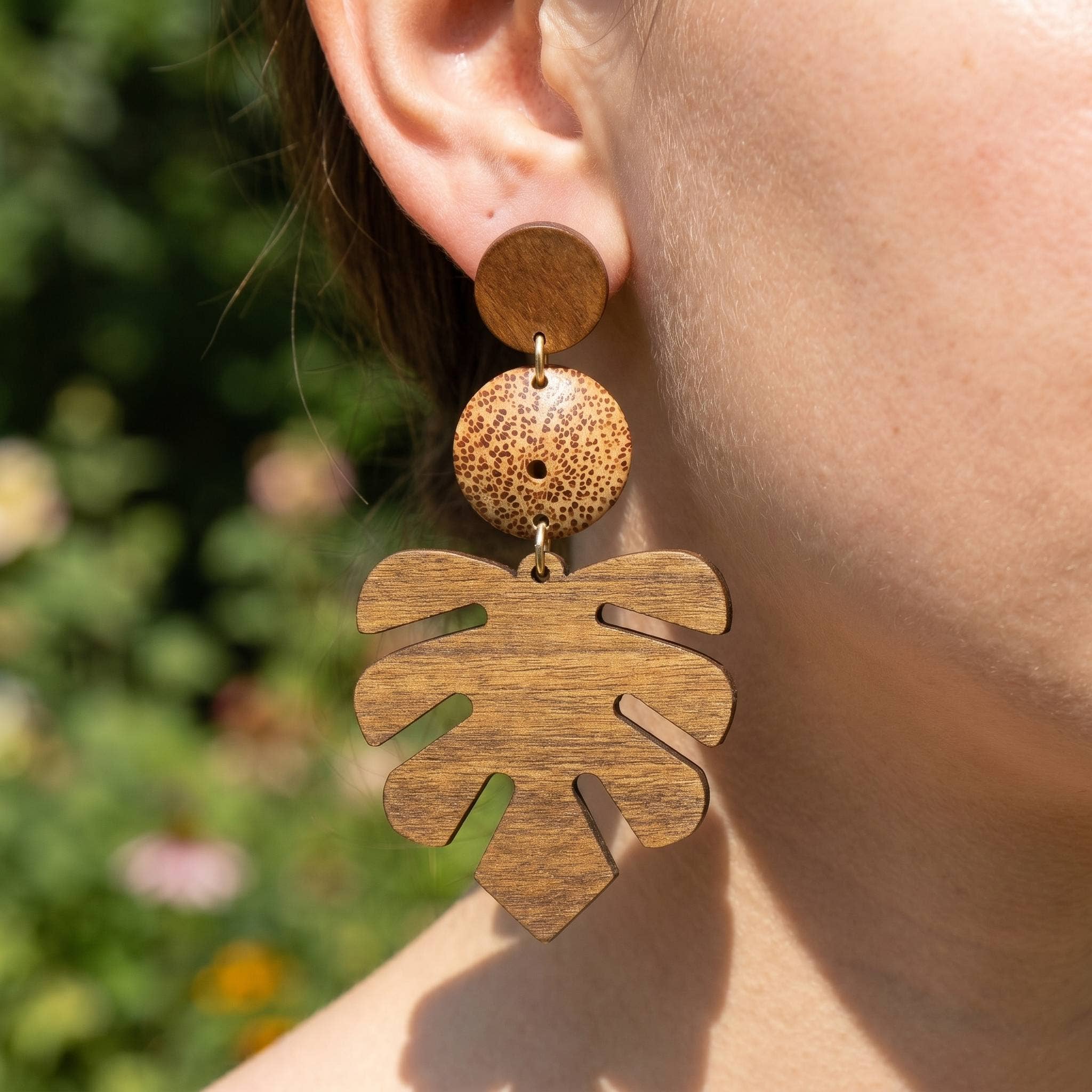 Wooden Monstera Leaf Dangle Earrings: BR