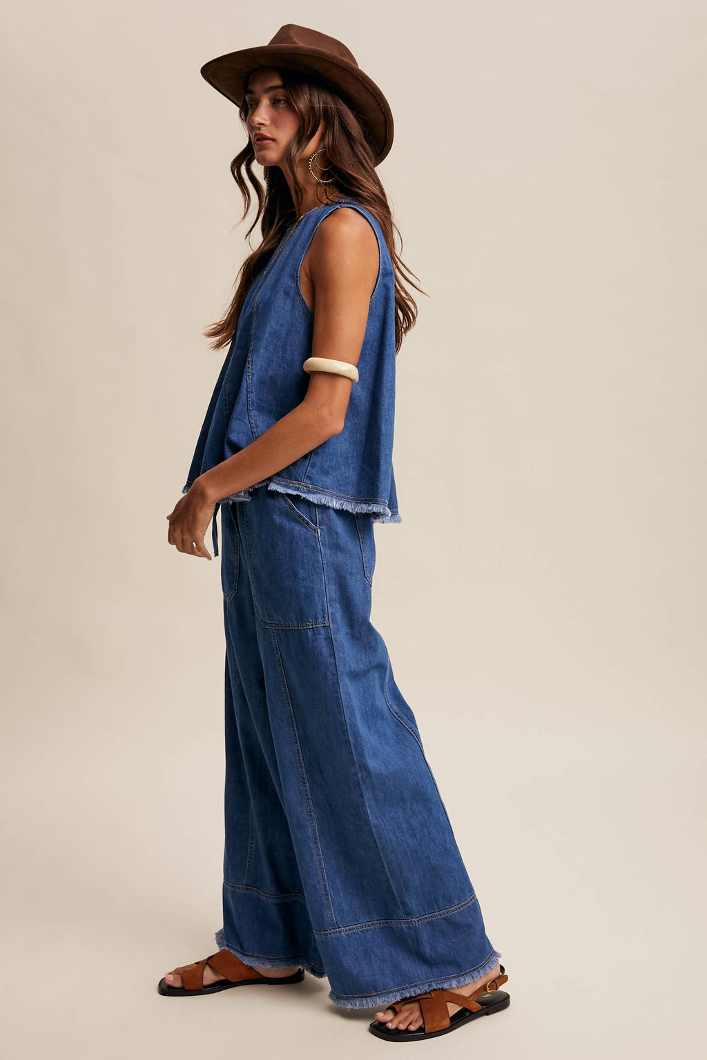 Blue Haze Washed Denim Tank & Wide-Leg Pants Set
