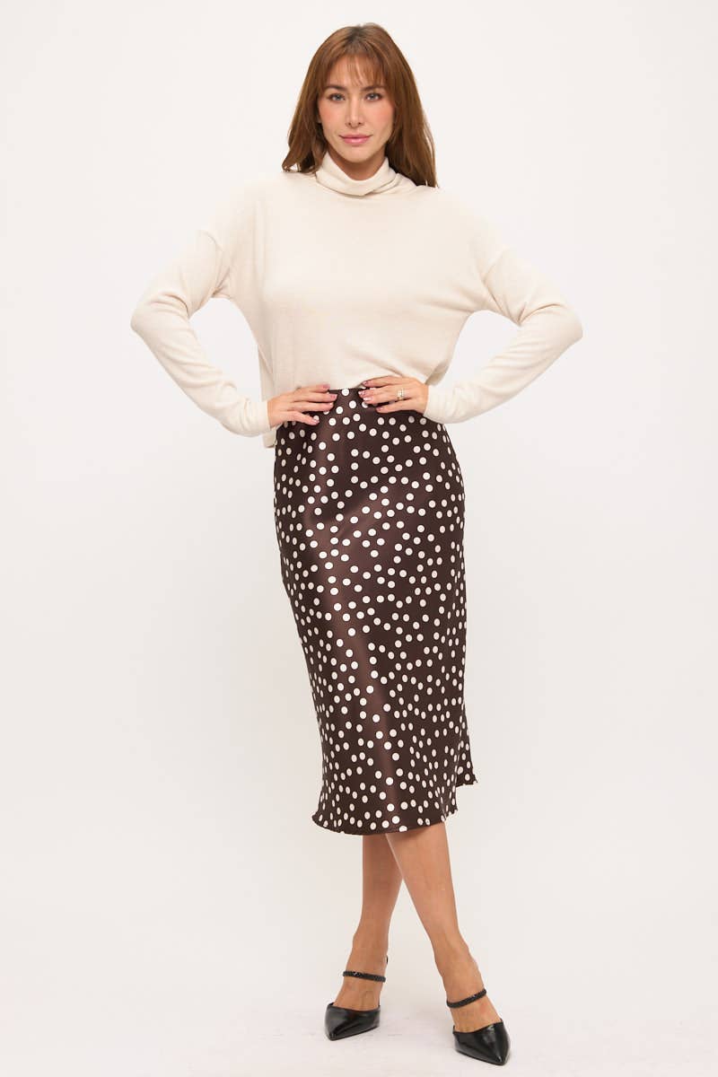 BROWN Polka Dot Satin Midi Skirt