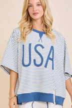 USA Rope Embroidery Striped Top: WHITE/BLUE