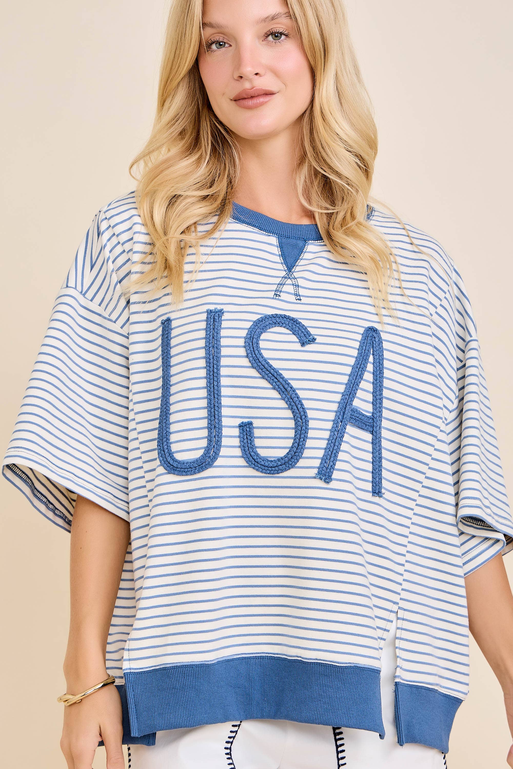 USA Rope Embroidery Striped Top: WHITE/BLUE